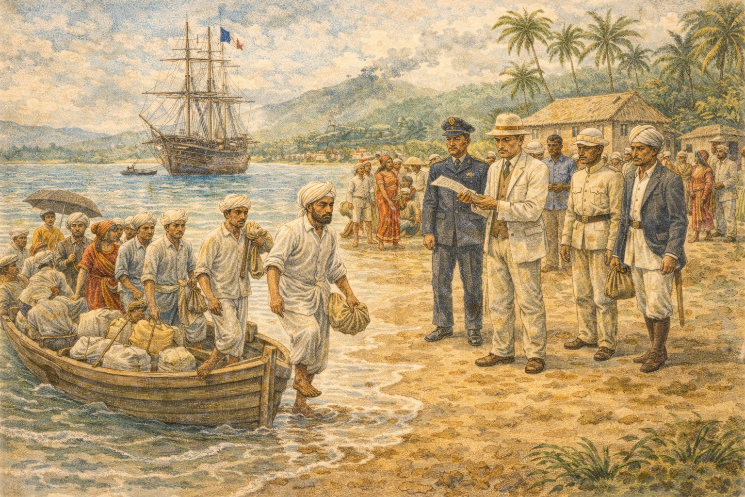 Illustration de l'arrivee en Guadeloupe des engages indiens.