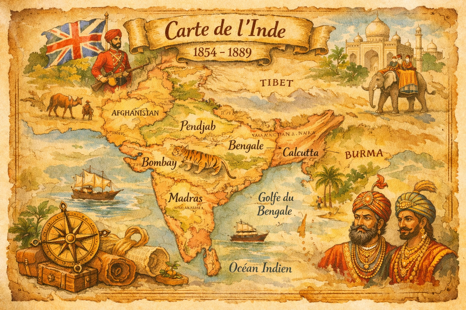 Carte de l'Inde presentant les comptoirs francais et les territoires evoques dans le parcours Histoire et Memoire.